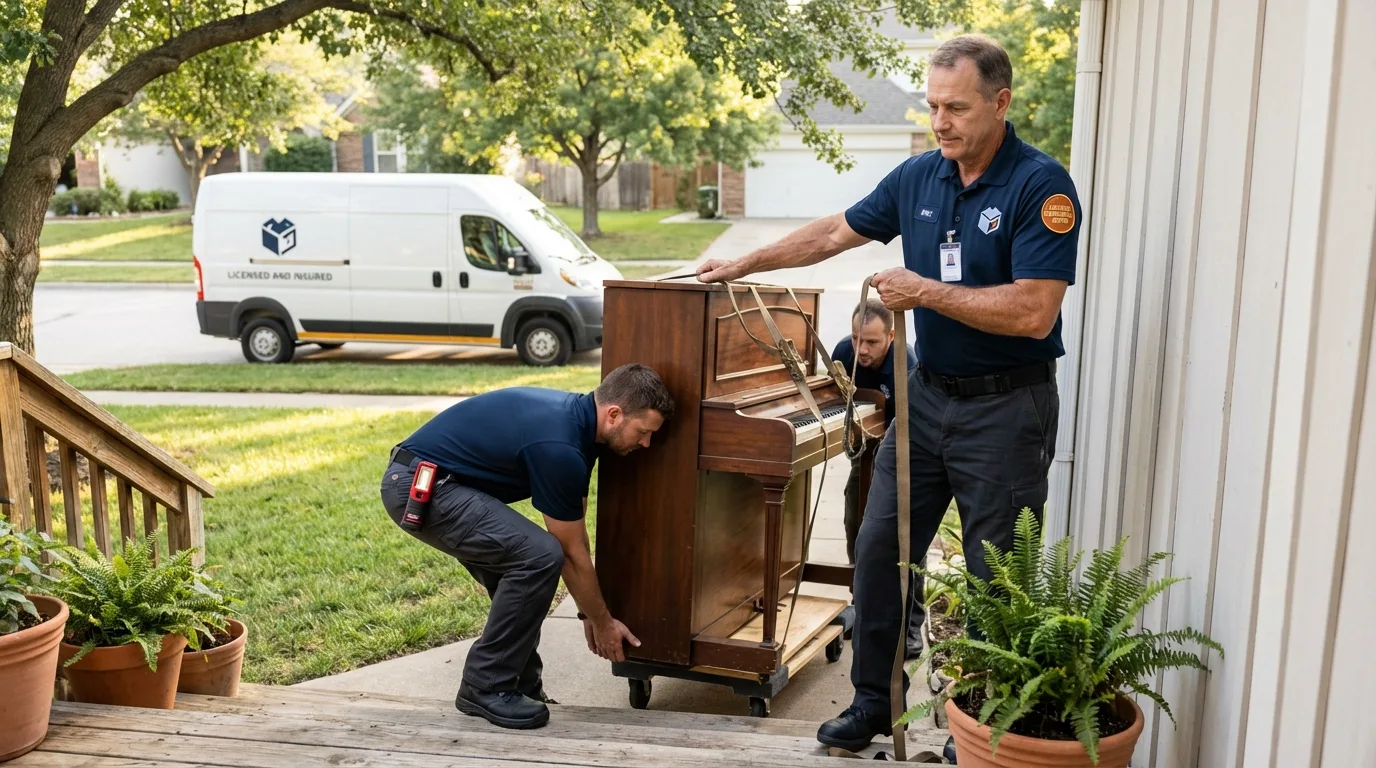 Licensed piano movers securing grand piano in Essexville, MI