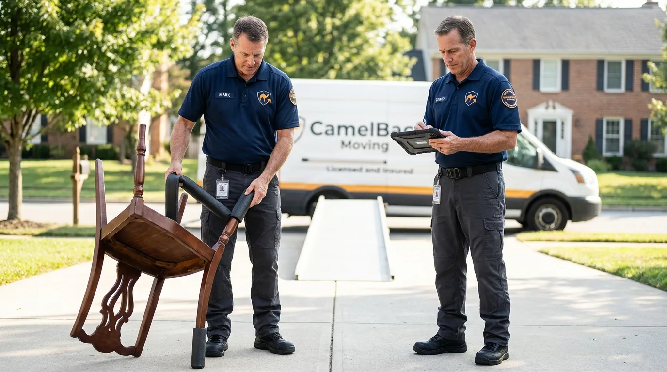 Movers inspecting furniture for damage prevention before loading in Essexville, MI
