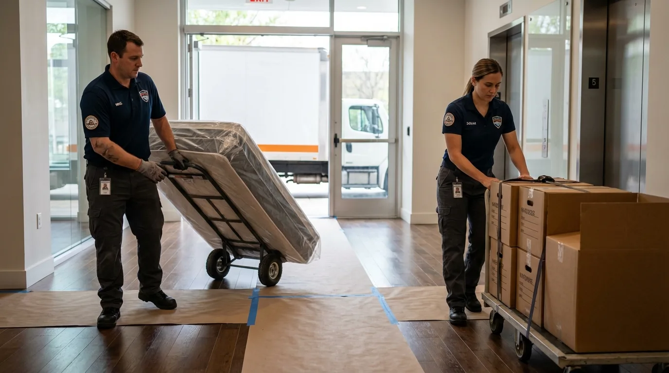 Professional apartment movers loading elevator in Essexville, MI