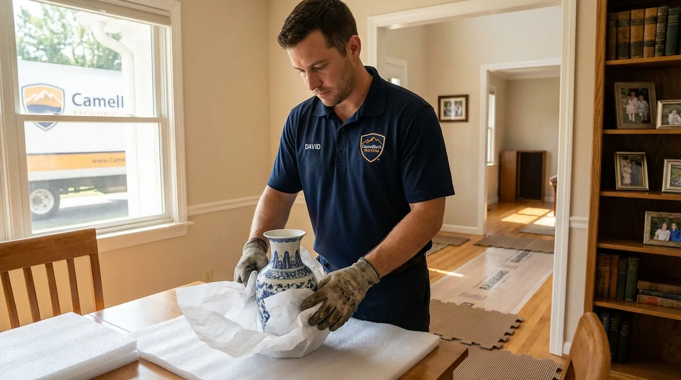 Professional crew carefully wrapping antique vase for senior downsizing move in Essexville, MI